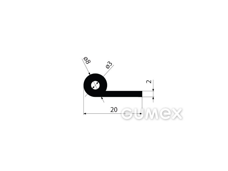 "P" Gummiprofil mit Loch, 20x8/2mm, 60°ShA, NBR, -40°C/+70°C, schwarz, 